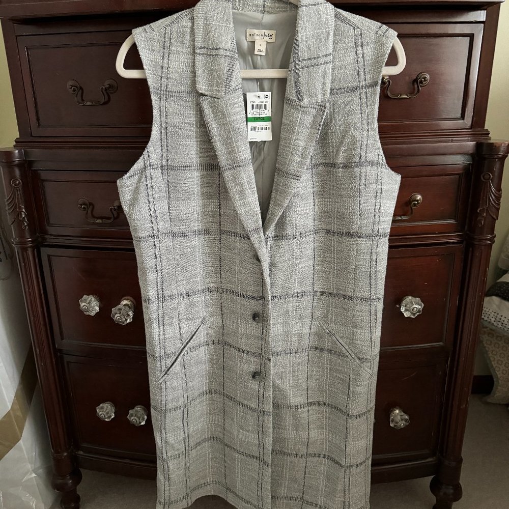 Gray Plaid Button Long Vest - Size L